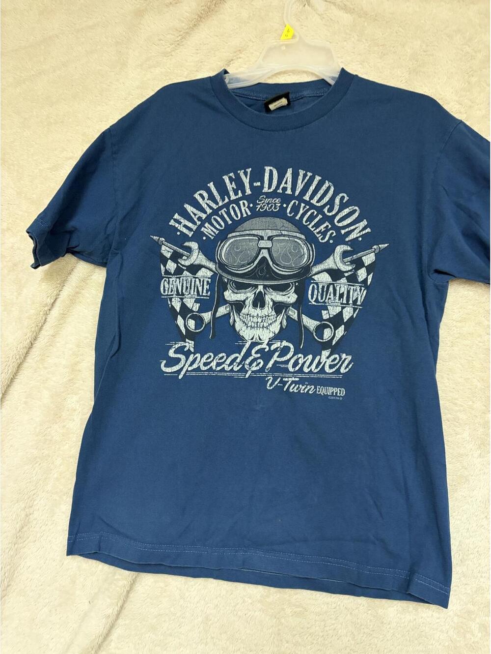 Harley-Davidson Blue Graphic T-Shirt with Skull and Tools Design